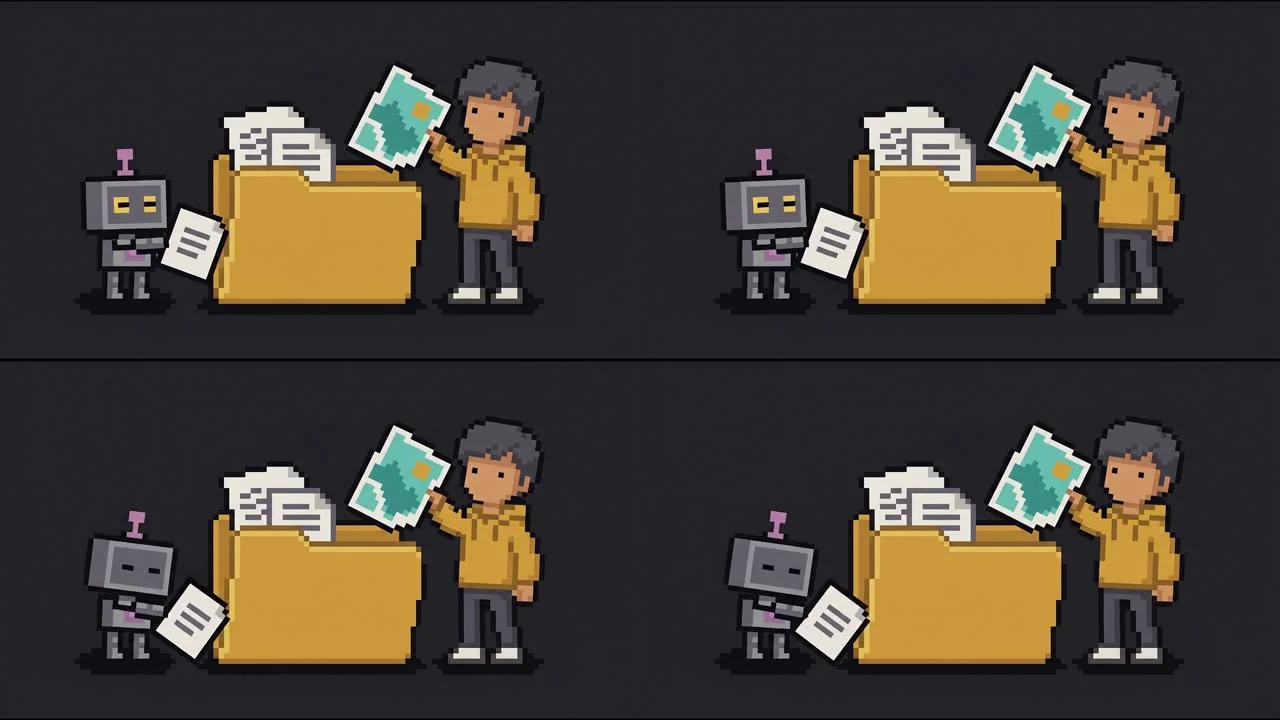 Four frames from a generated pixel-art clip: a robot hands a sheet to a folder while a person lifts a picture out of it.